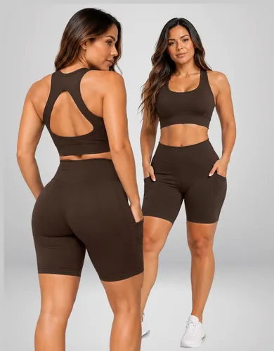 Conjunto Academia Fitness Top Short Kit Zero Transparência Marrom Black Lisa Gg 42/44