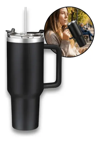 Copo Térmico Inox 1200ml Preto Com Tampa Antivazamento Canudo E Alça Parede Dupla Em Aço