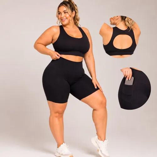 Conjunto Plus Size Kit Top E Bermuda Bolso Academia Fitness Preto Lisa G4 52/54