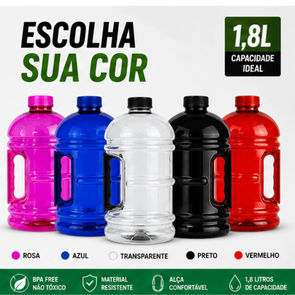 Garrafa de Água Galão com Alça Squeeze Treino Academia Trabalho Escola 1.8L/1L