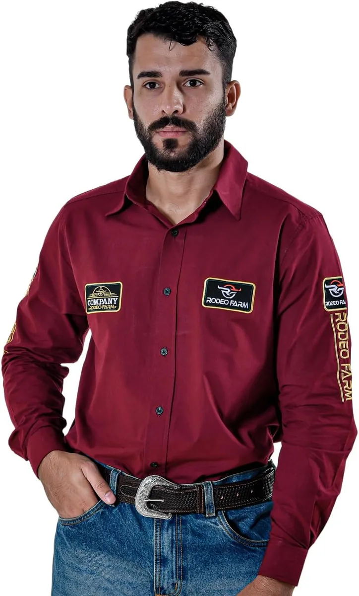 Camisa Country Masculina Bordada Bordô Rodeo Farm