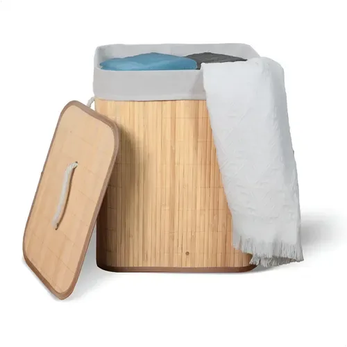 Cesto de Roupa Suja de Bambu com Tampa e Alças 50 Litros Kontuz