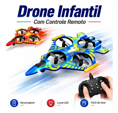 Drone Infantil Brinquedo com Controle Remoto Luz LED Recarregável
