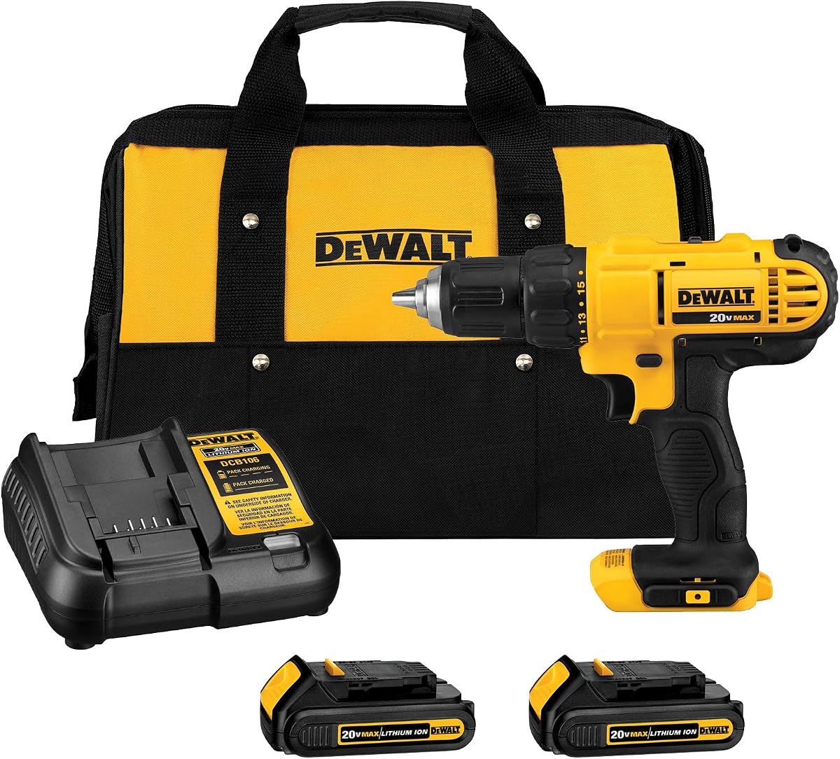 DEWALT Kit de furadeira/parafusadeira sem fio 20V Max, compacto, 13 mm (DCD771C2), amarelo