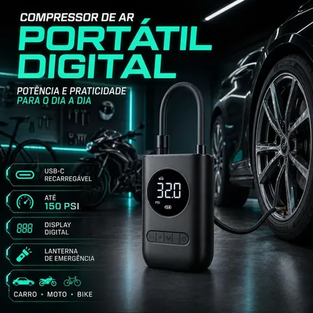 Compressor de Ar Portátil Digital BHCASES 80W USB-C para Carro Moto Bike Preto