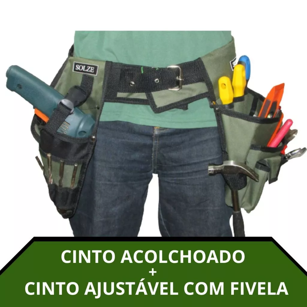 Cinto Duplo Solze Verde Militar para ferramentas. Bolsa Multiuso + Coldre para parafusadeira +