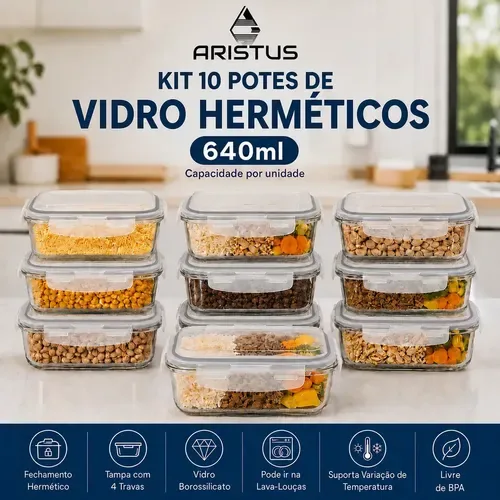 Kit 10 Potes Vidro Hermético Aristus 640ml Marmita Anti Vazamento