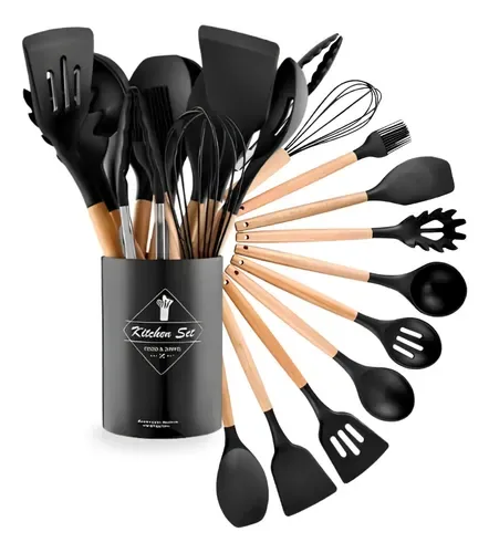 Kit 12 Utensílios Silicone Cabo Madeira Gourmet