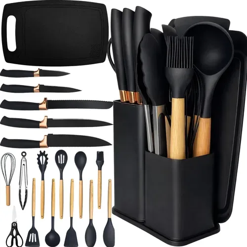 Kit 19 Utensílios de Cozinha Silicone com Escumadeira Preto