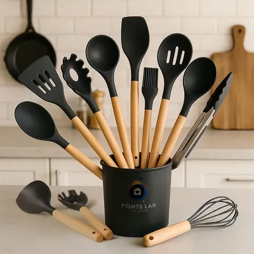 Kit Completo 12 Utensílios de Cozinha Silicone Cabo Madeira