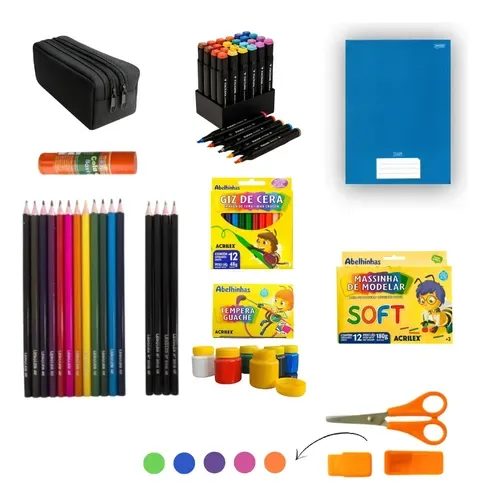 Kit Material Escolar Completo com Estojo e Caderno