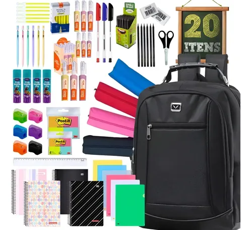 Kit Material Escolar Completo com Mochila Cabo de Aço Notebook