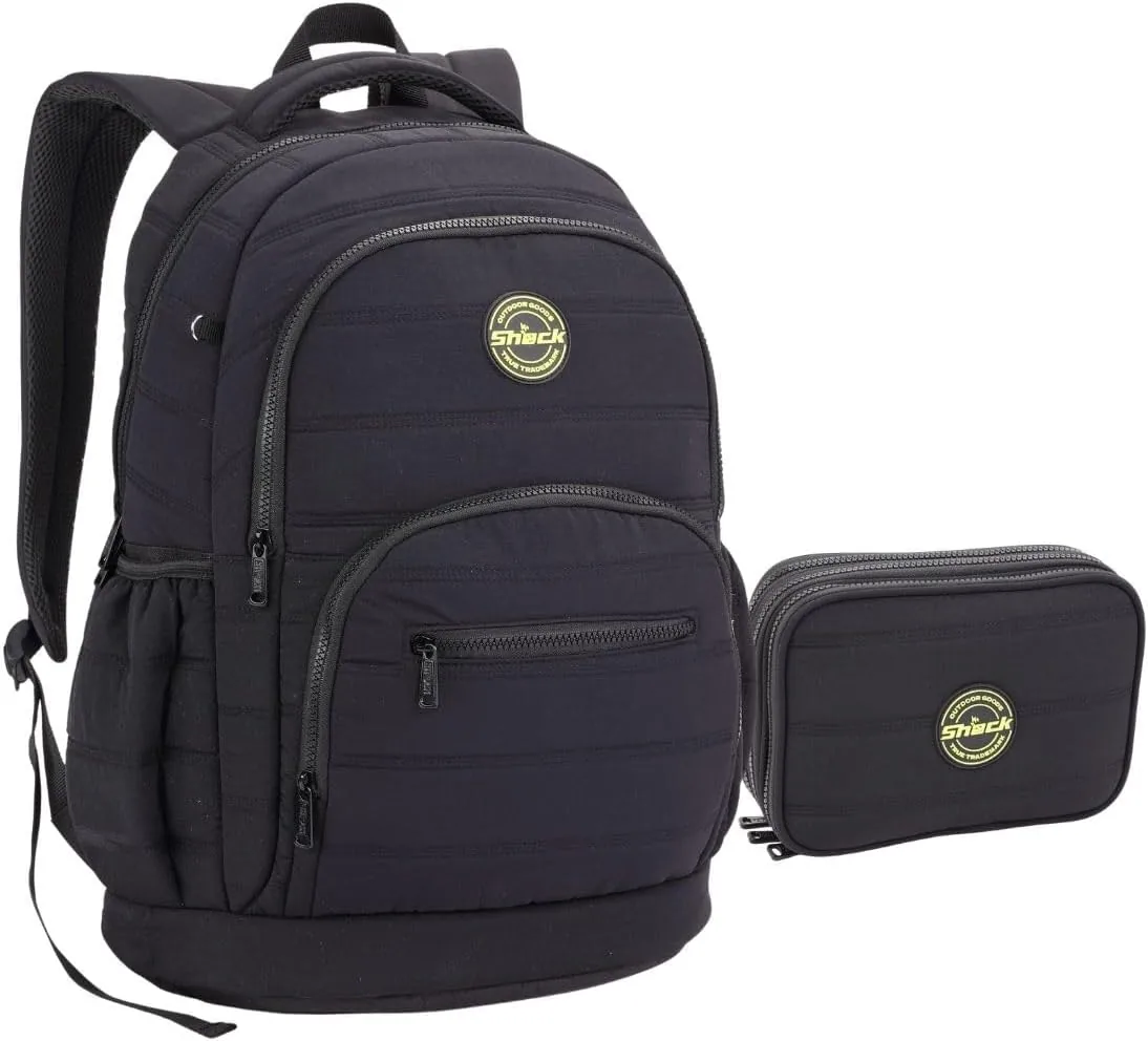 Kit Mochila e Estojo Masculina Bolso Notebook Shock - Preto