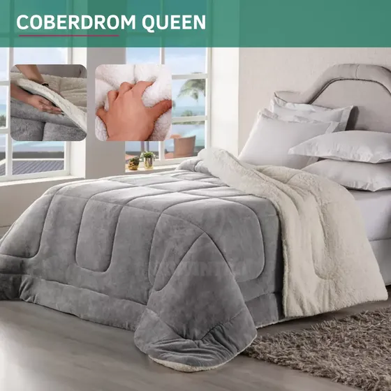 Coberdrom Casal Queen Size Sherpa Cobertor Edredom Inverno Pele Lã Carneiro Sup