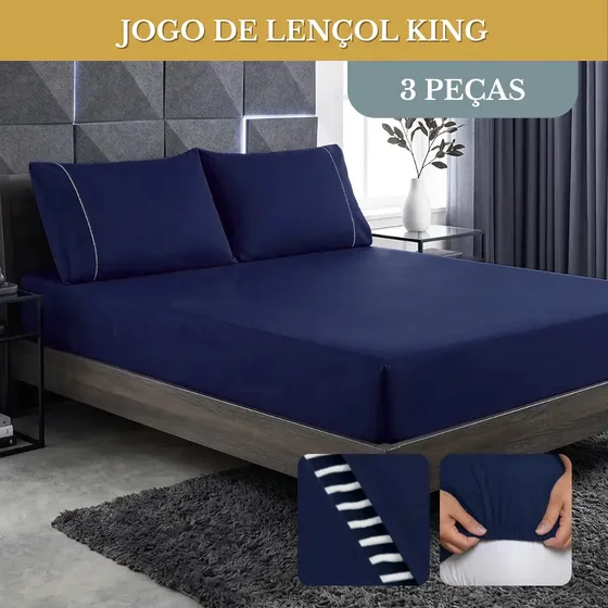 Jogo De Lençol Cama King 03 Peças 400 Fios Ponto Palito Cor Azul-marinho Desenh