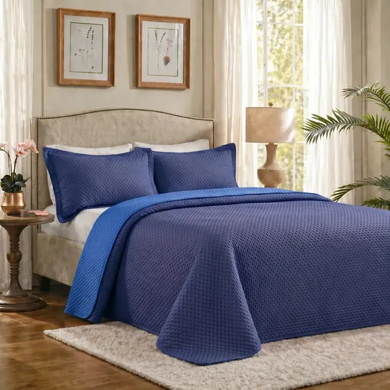 Kit Cobre Leito Casal Queen Colcha 200 Fios Dupla Face3 Pcs Azul