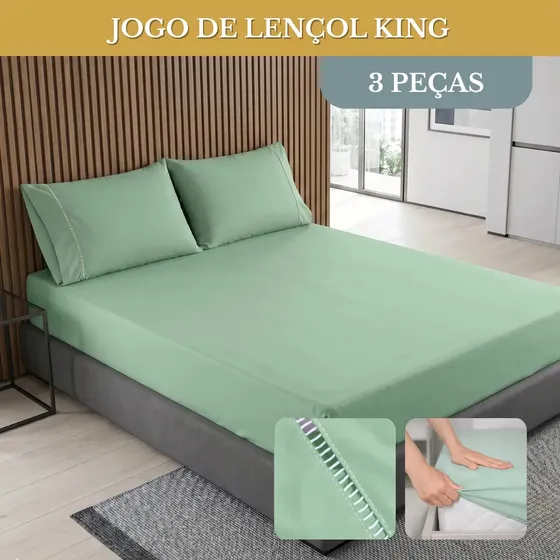 Kit Jogo De Lençol Cama King 03 Peças Percal 400 Fios Ponto Palito Toque Macio