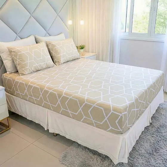 Jogo De Lençol Cama Queen Size 3 Peças Box Estampado Com Elástico Malha 100% Al