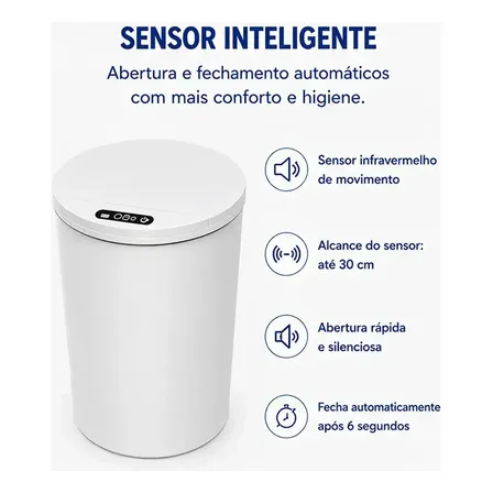 Lixeira Inteligente Com Sensor 16L Branca Moderna Para Uso Residencial E Comercial