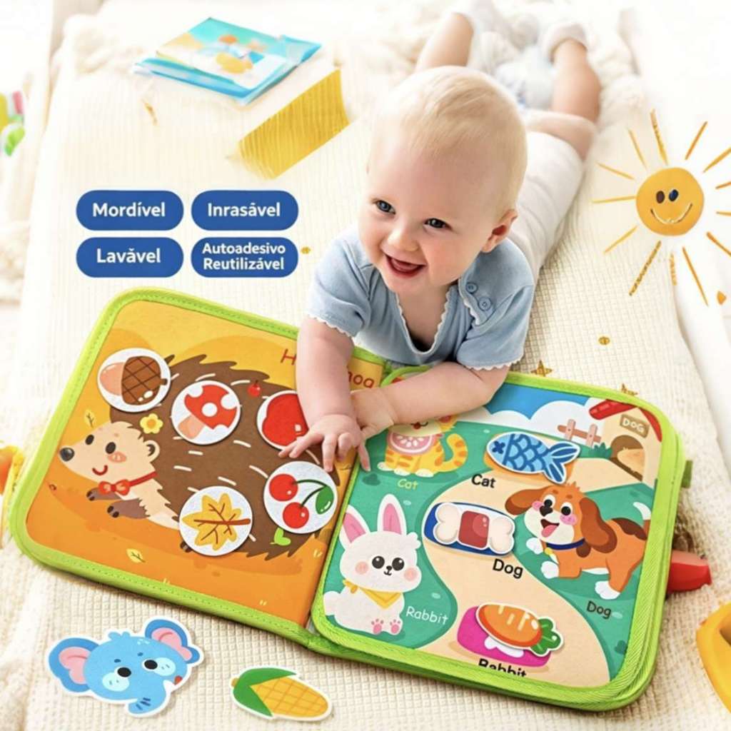 Livro de pano silencioso com velcro para crianças, brinquedo educativo para 0-3 anos, pode ser mordido