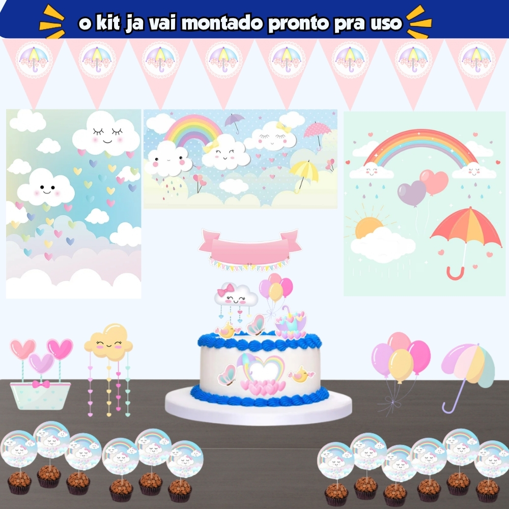 Kit Só Um Bolinho Tema Chuva de amor - Arco Iris Pastel A Festa Perfeita! - Kit Pronto Festa em Casa