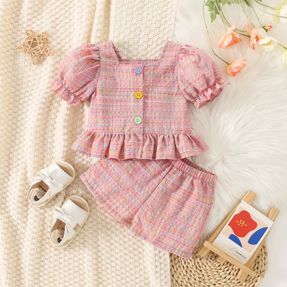 Conjunto de Roupas Baby Girl Algodão Vermelho Top com Puff Sleeves e Shorts Xadrez