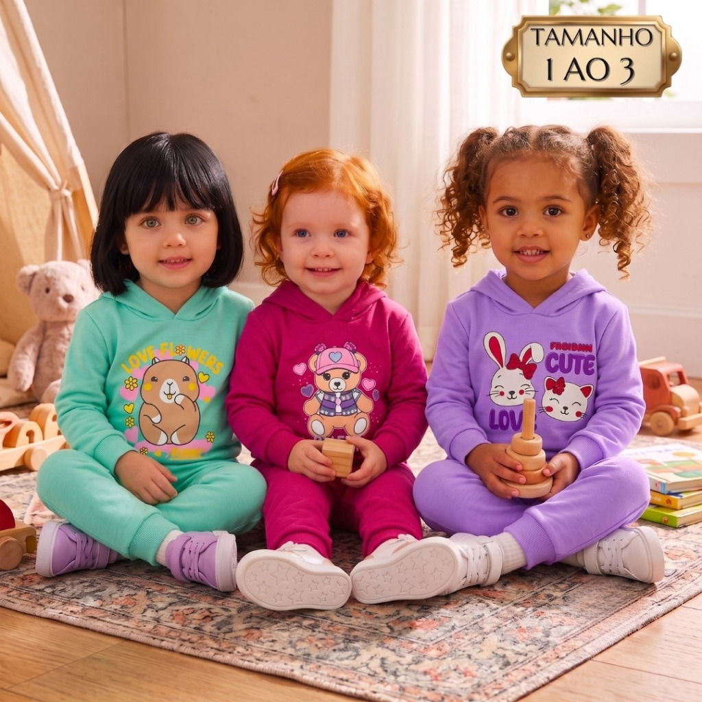 Kit 2 Conjunto Moletom Infantil Menina Bebê Roupa de Frio Inverno Agasalho 1 2 3 anos Blusa Calça Feminino Flanelado