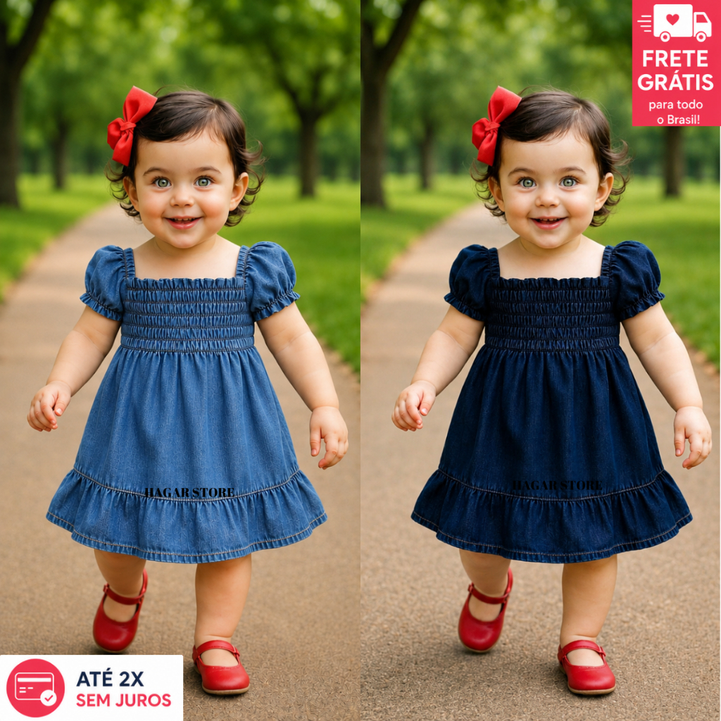 Kit 2 Vestidos Jeans Com Manga/Alça Infantil Menina Bebe Elastex Confortável Fresco Estilosa