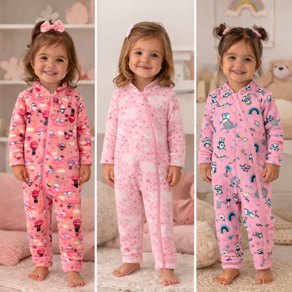 Kit 3 Macacão Com Zíper Menina | RN ao 3 Anos | Estampas Sortidas Roupa de Inverno Infantil
