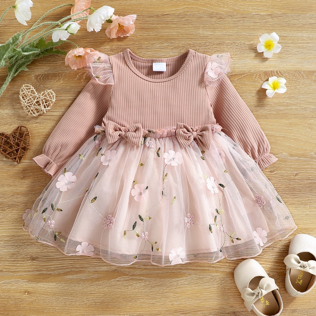 Vestido De Manga Comprida Para Bebês Meninas Gaze Bordado Com Flores Rosa De 0 A 3 Anos