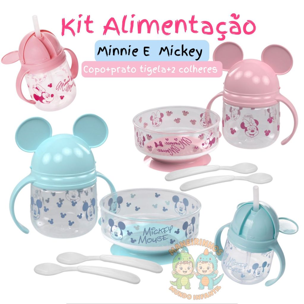K it infantil alimentação Mickey ou Minnie 4 PEÇAS - 1conjunto copo, 1prato tigela, e 2 colheres Plasutil