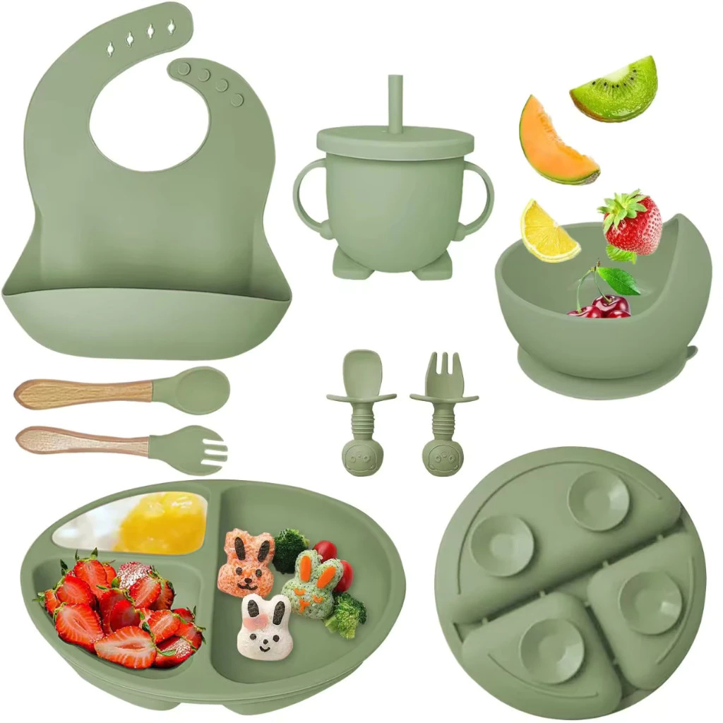 kit 8 Peças Talheres alimentação bebê silicone kit Talheres Infantil Com Ventosa Canudo Colher Babador Garfo NOVO