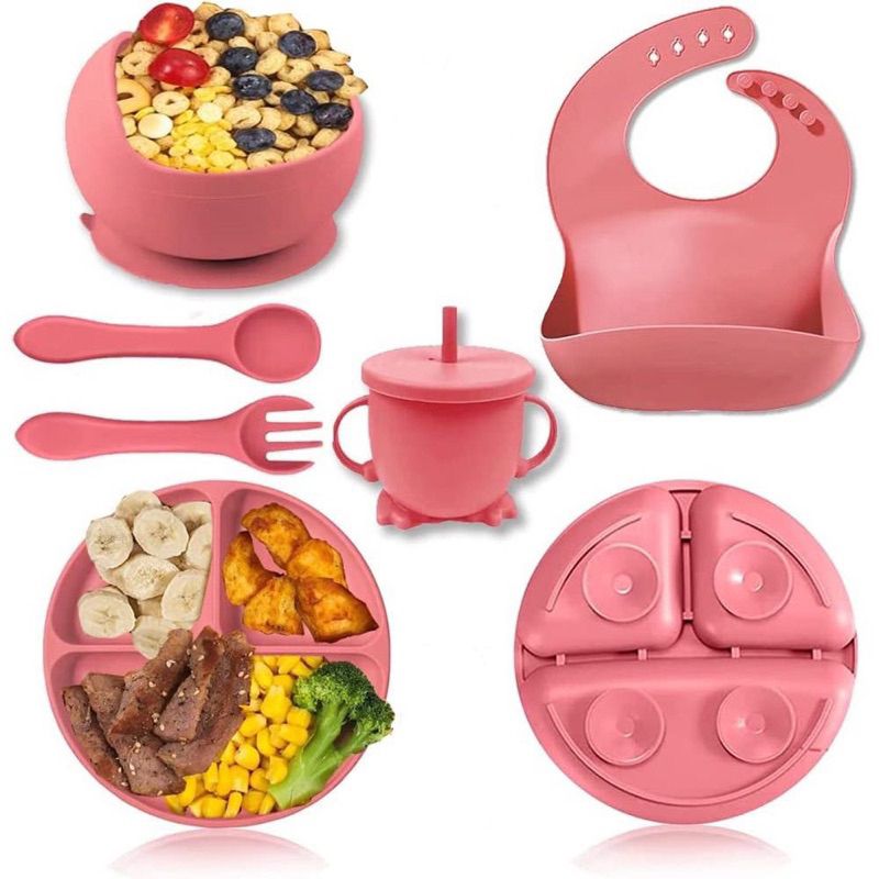 Kit 8 pecas Talheres do Bebê Conjunto Prato De Jantar De Silicone Para Bebês Com Tigela De ventosa Sippy Cup Bibs Colher