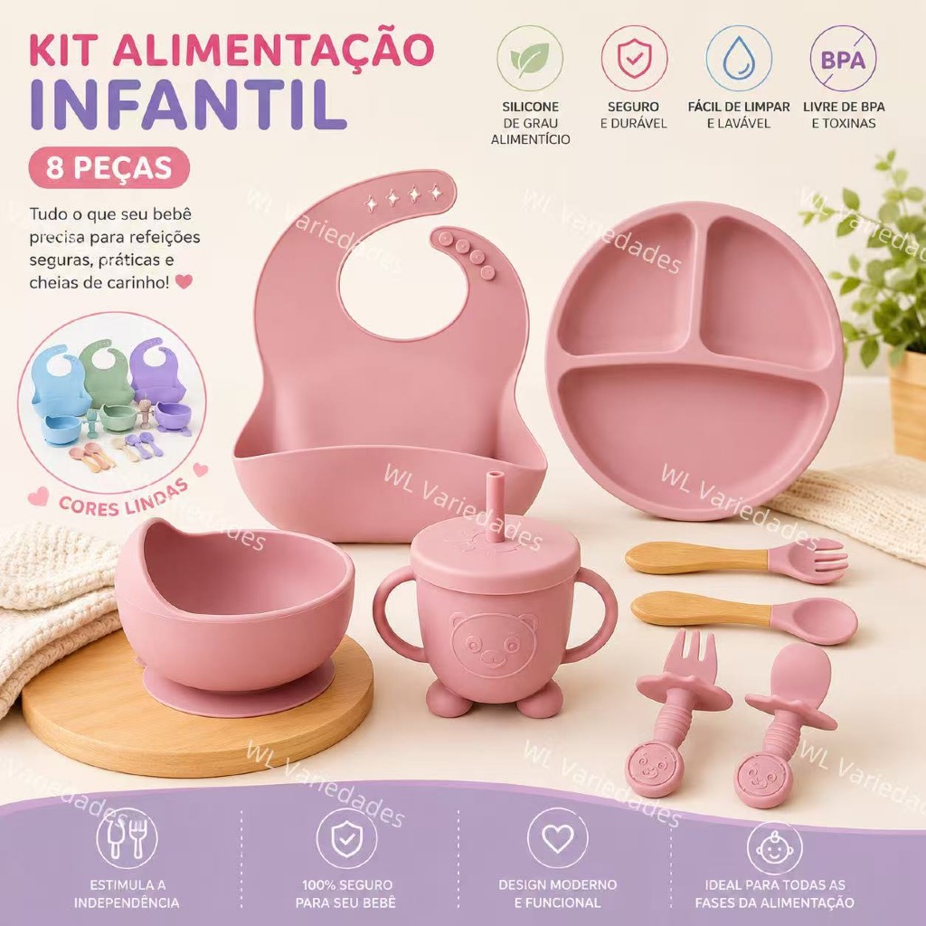 Kit Alimentação Infantil em Silicone 8 Peças Prato c/ Sucção Tigela Babador Copo Talher Livre de BPA