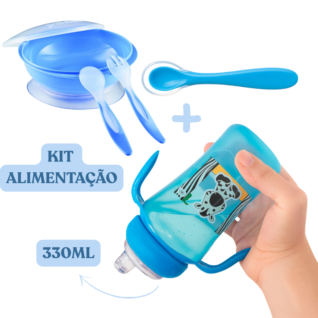 Kit completo para bebê: copo 330 ml + prato com ventosa + colher de Silicone