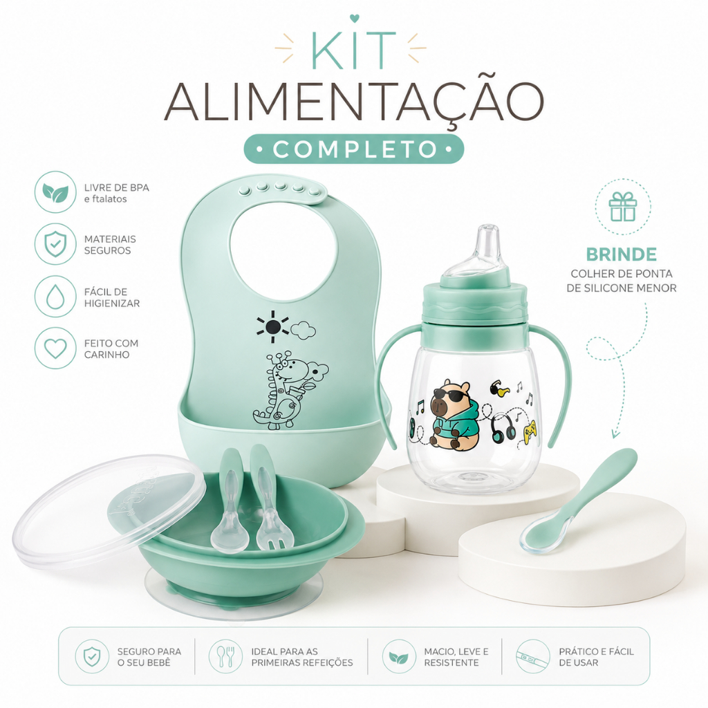 Kit Introdução Alimentar Premium Bebê Completo Com Babador de Silicone