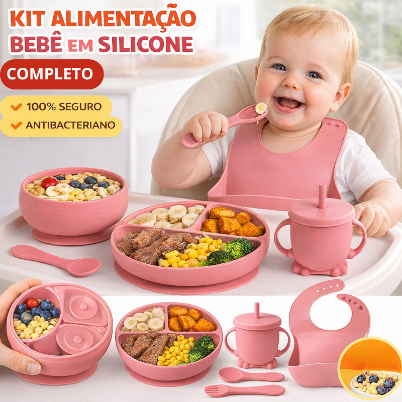 kit Peças Talheres alimentação bebê silicone kit Talheres Infantil Com Ventosa Canudo Colher Babador Garfo
