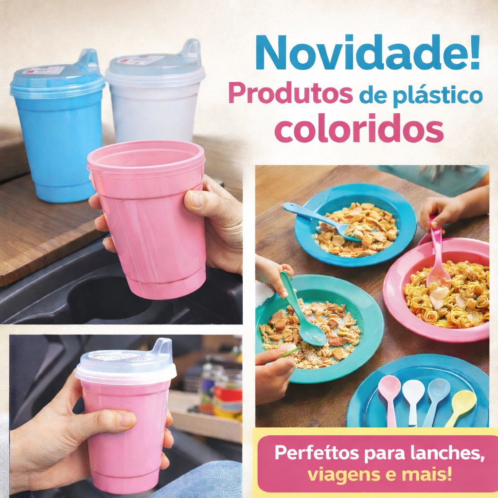 kit refeição 10 pratos copos com tampa infantil colher Plástico menina menino merenda escola creche