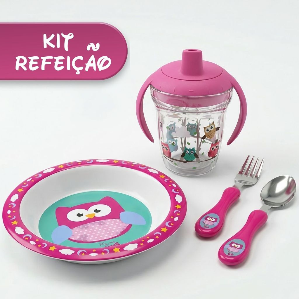 Kit Refeição Corujinha Alimentação Prato Talher Copo Bebê Infantil Criança