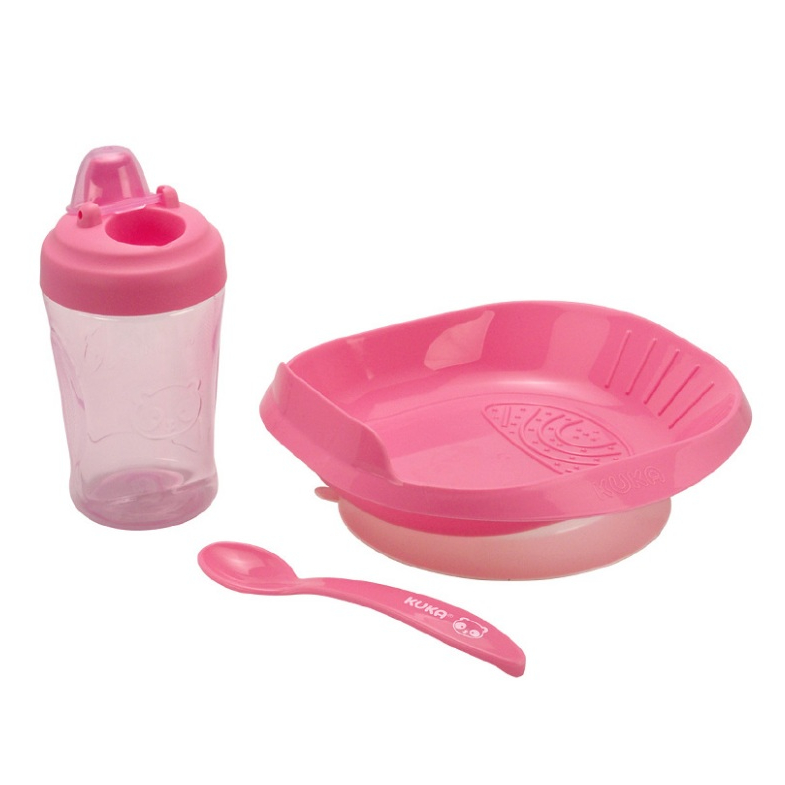Kit Refeição Kuka Alimentação Para o Bebê Prato Com Ventosa + Copo Antivazamento + Colher Azul Rosa